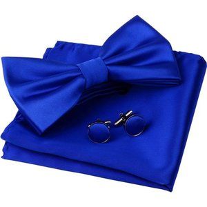Mens Double Fold Pre-tied Bow Tie Pocket Square Cufflink Set with Gift Box Blue